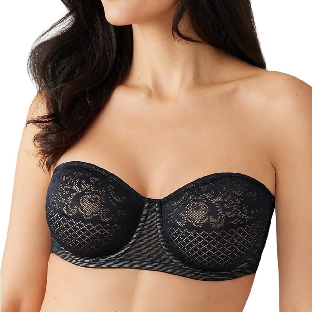 Wacoal Black Lace Visual Effects Strapless Minimizer Bra 38 DDD